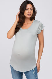 Dusty Blue Solid Short Sleeve Curved Hem Maternity Top