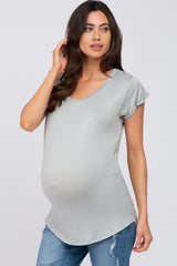 Dusty Blue Solid Short Sleeve Curved Hem Maternity Top