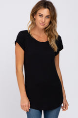 Black Solid Short Sleeve Curved Hem Maternity Top