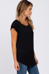 Black Solid Short Sleeve Curved Hem Top