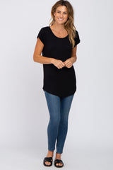 Black Solid Short Sleeve Curved Hem Top