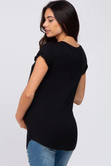 Black Solid Short Sleeve Curved Hem Maternity Top