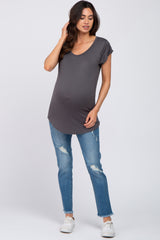 Charcoal Solid Short Sleeve Curved Hem Maternity Top