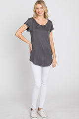 Charcoal Solid Short Sleeve Curved Hem Top