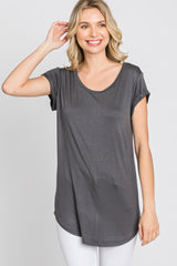 Charcoal Solid Short Sleeve Curved Hem Top