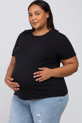 Black Solid Short Sleeve Plus Maternity Top