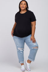 Black Solid Short Sleeve Plus Maternity Top