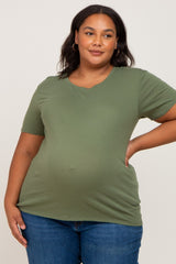 Olive Solid Short Sleeve Plus Maternity Top