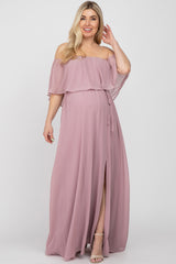 Mauve Chiffon Off Shoulder Maternity Maxi Dress