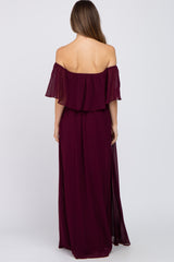 Burgundy Chiffon Off Shoulder Maternity Maxi Dress