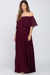 Burgundy Chiffon Off Shoulder Maternity Maxi Dress