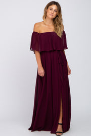 Burgundy Chiffon Off Shoulder Maxi Dress