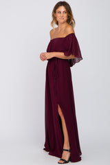 Burgundy Chiffon Off Shoulder Maxi Dress