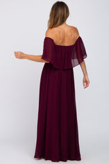 Burgundy Chiffon Off Shoulder Maxi Dress