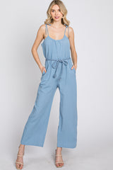 Blue Shoulder Tie Linen Maternity Jumpsuit