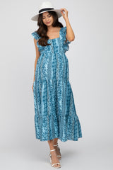 Blue Floral Paisley Print Ruffle Maternity Maxi Dress