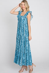 Blue Floral Paisley Print Ruffle Maxi Dress