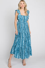 Blue Floral Paisley Print Ruffle Maxi Dress