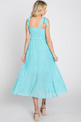 Aqua Smocked Tie Strap Tiered Midi Dress