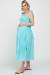 Aqua Smocked Tie Strap Tiered Maternity Midi Dress