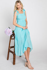 Aqua Smocked Tie Strap Tiered Midi Dress