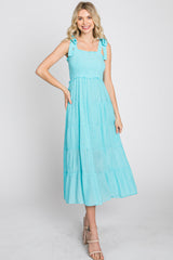 Aqua Smocked Tie Strap Tiered Maternity Midi Dress