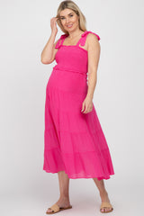 Fuchsia Smocked Tie Strap Tiered Maternity Midi Dress