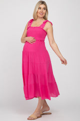 Fuchsia Smocked Tie Strap Tiered Maternity Midi Dress