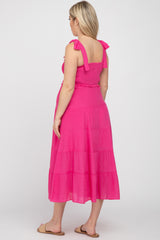 Fuchsia Smocked Tie Strap Tiered Maternity Midi Dress