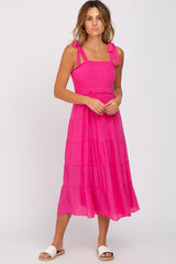 Fuchsia Smocked Tie Strap Tiered Maternity Midi Dress