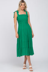 Green Smocked Tie Strap Tiered Maternity Midi Dress