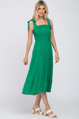 Green Smocked Tie Strap Tiered Midi Dress