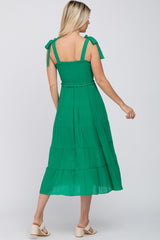 Green Smocked Tie Strap Tiered Midi Dress