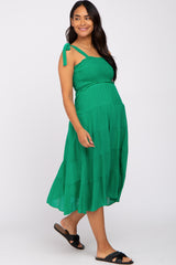 Green Smocked Tie Strap Tiered Maternity Midi Dress