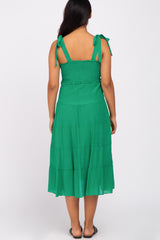 Green Smocked Tie Strap Tiered Maternity Midi Dress