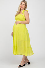 Neon Yellow Smocked Tie Strap Tiered Maternity Midi Dress