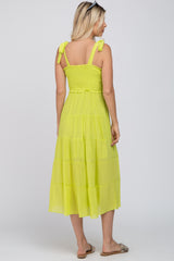 Neon Yellow Smocked Tie Strap Tiered Midi Dress