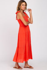 Red Smocked Tie Strap Tiered Midi Dress