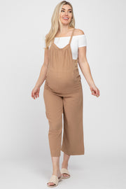 Taupe Striped Wide Leg Cropped Maternity Overalls