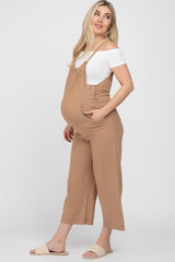 Taupe Striped Wide Leg Cropped Maternity Overalls