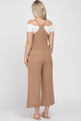 Taupe Striped Wide Leg Cropped Maternity Overalls