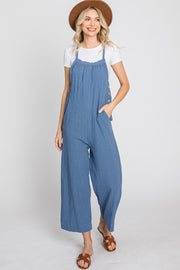 Blue Striped Wide Leg Cropped Overalls