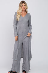 Grey Ribbed Soft Knit Jumpsuit Set