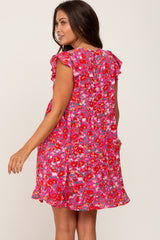 Fuchsia Floral Ruffle Accent Maternity Dress