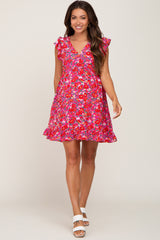 Fuchsia Floral Ruffle Accent Maternity Dress