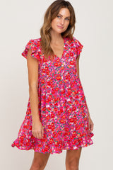 Fuchsia Floral Ruffle Accent Dress