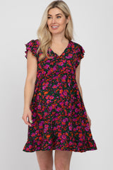 Black Multi-Color Floral Ruffle Accent Maternity Dress