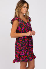 Black Multi-Color Floral Ruffle Accent Dress