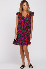 Black Multi-Color Floral Ruffle Accent Dress