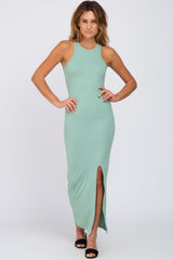 Mint Green Ribbed Sleeveless Side Slit Maternity Dress